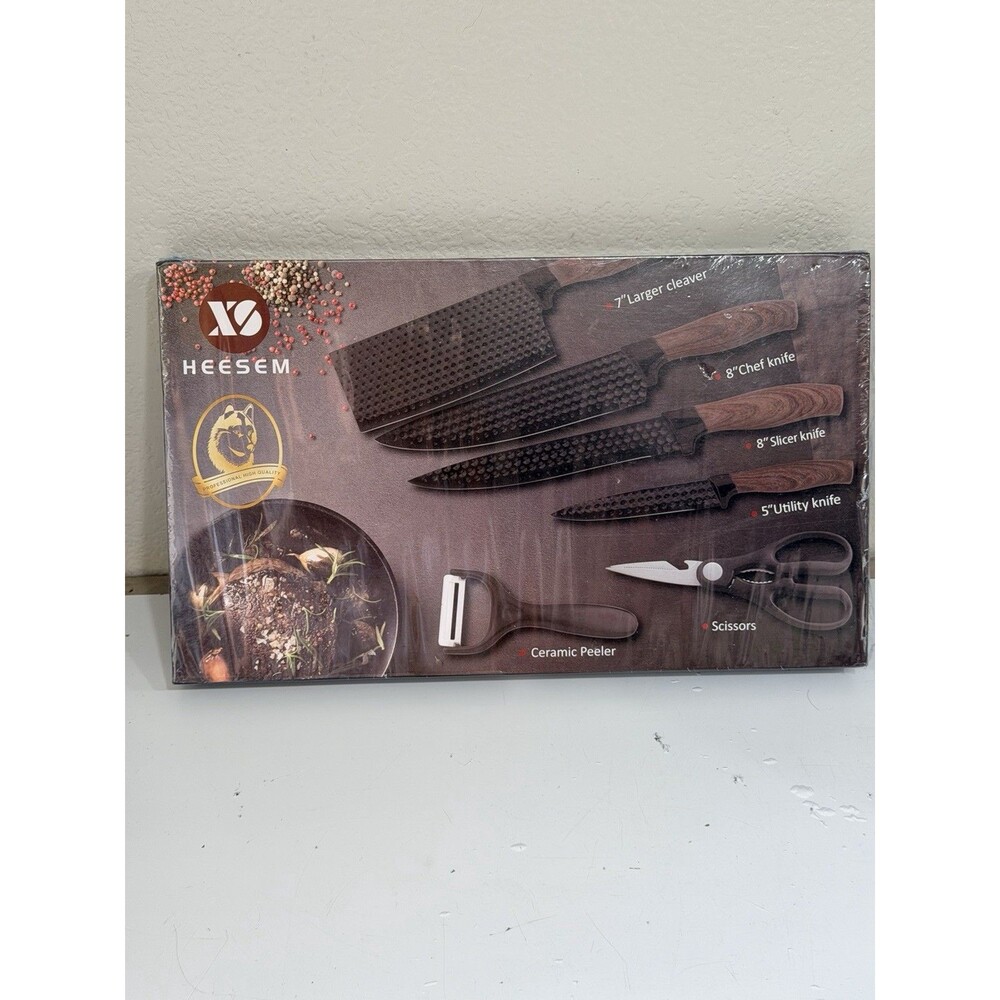 HEESEM 6-Piece Kitchen Knife Set Stainless Steel Black Textured New in Box